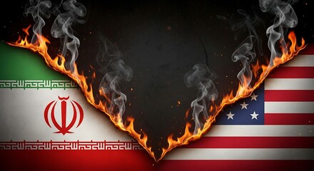 USA and Iran flags burning in a dramatic fire, symbolizing geopolitical conflict, diplomatic crisis, and hostile international relations on a dark, textured background with copy space.