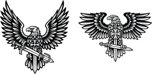 Two Heraldic Eagles Holding Swords with Spread Wings and Crosses Illustration