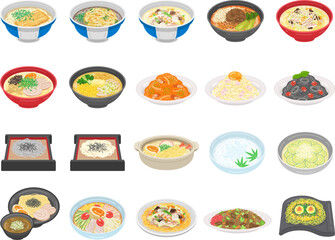 いろいろな、麺料理のイラストセット