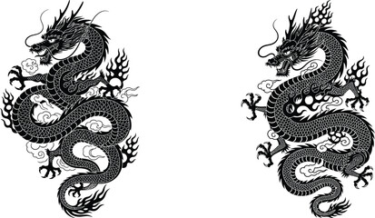 Obraz premium Two Intricate Dragons with Clouds and Flames Design Elements