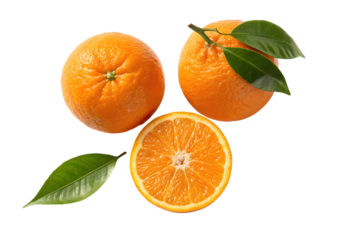 Two whole oranges and one half orange with green leaves isolated on transparent background