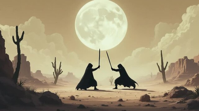 Desert Duel Under the Moon: Two Silhouetted Figures Engage in a Sword Fight