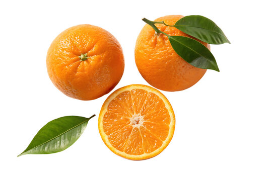 Two whole oranges and one half orange with green leaves isolated on transparent background