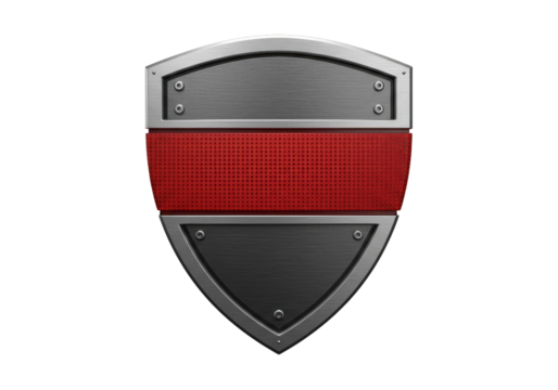 3D Rendered Metallic Shield Icon with Red Textured Stripe Isolated on White Background - Powered by Adobe