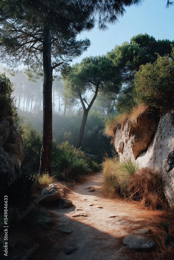 Poster a path through a forest with trees and rocks. the path is lined with trees and the sun is shining th