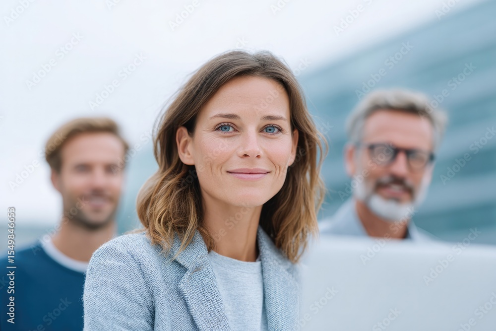 Poster group of diverse professionals working collaboratively around modern office setting surrounded by minimalistic architecture