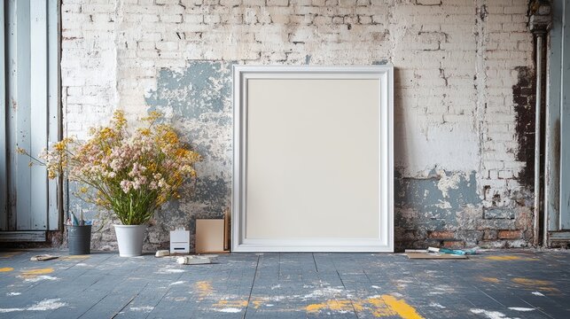 Fototapeta Empty white frame against a distressed brick wall.