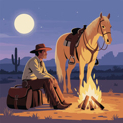 Cowboy Sitting by Campfire Under Starry Night – Flat Desert Landscape Vector

