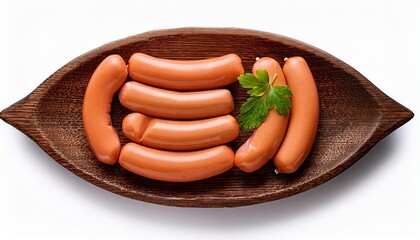 extreme top view of a perfectly arranged liver sausages in a dark wooden plate isolated on a white white background