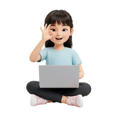 Young girl with laptop isolated on transparent background