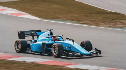 High-Speed Blue Race Car Navigates Track Curves with Precision