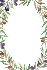 Frame with olive branches with fruits and green leaves. Hand drawn botanical watercolor illustration. Isolated on a white background. Template for greeting and invitational cards, posters, packaging.