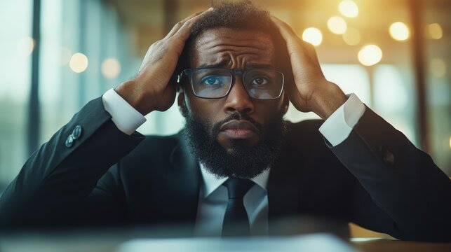 A worried businessman sits in a sleek office setting, his expression reflecting the pressures of work life, embodying the challenges and stresses faced in the corporate world.