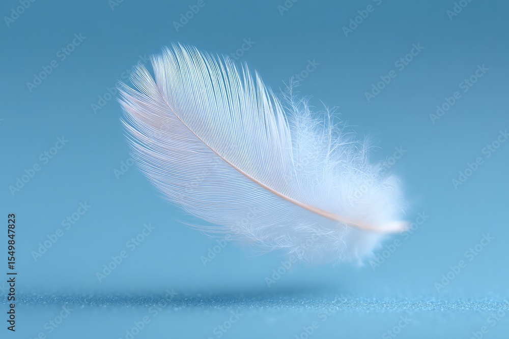 Poster minimalist setting with single white feather floating in mid-air symbolizes forgiveness on clean bac