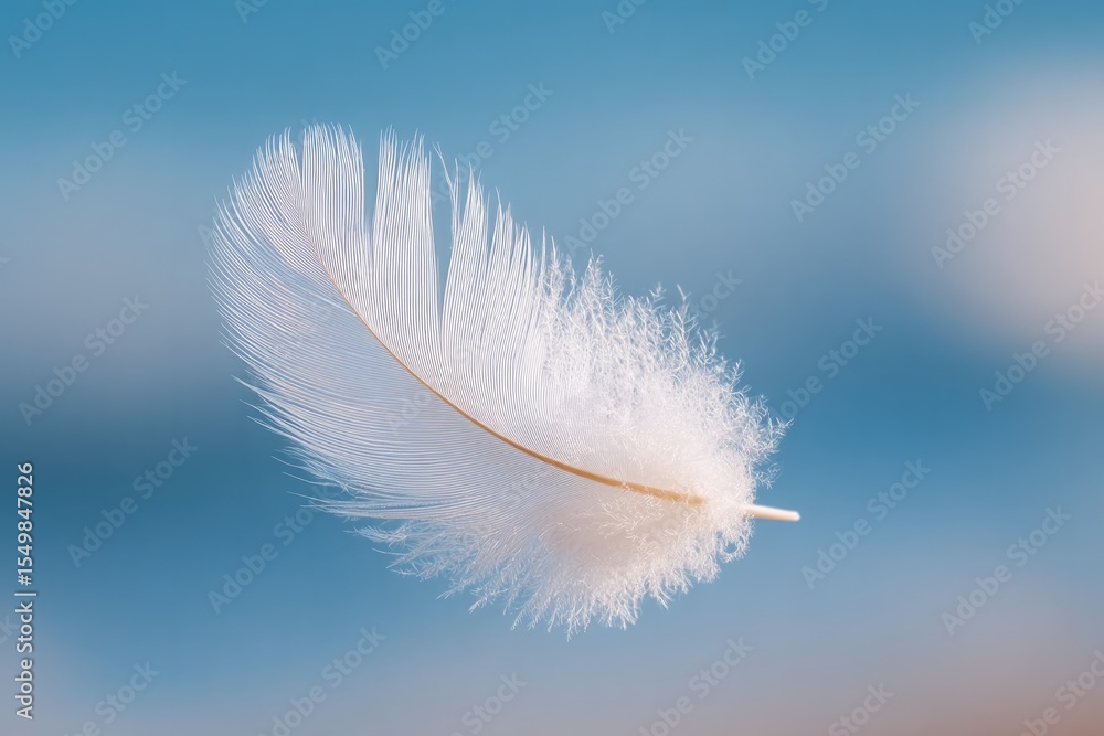 Poster minimalist setting with single white feather floating in mid-air symbolizes forgiveness on clean bac