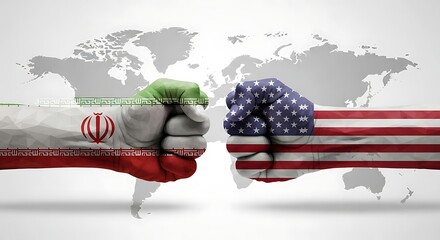 USA vs Iran conflict concept with fists painted in national flag colors. Geopolitical crisis and international relations symbol of confrontation on a world map background. Symbolic graphic