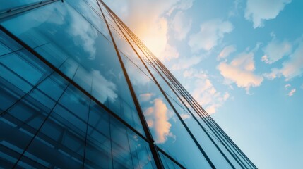 This architectural marvel features a sleek glass facade reflecting clouds and sunlight, showcasing modern design while symbolizing transparency and openness in urban spaces.