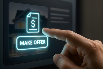 A hand reaches out to press a glowing make offer button on a digital screen with a house icon. Concept of online property negotiation and digital real estate deal.