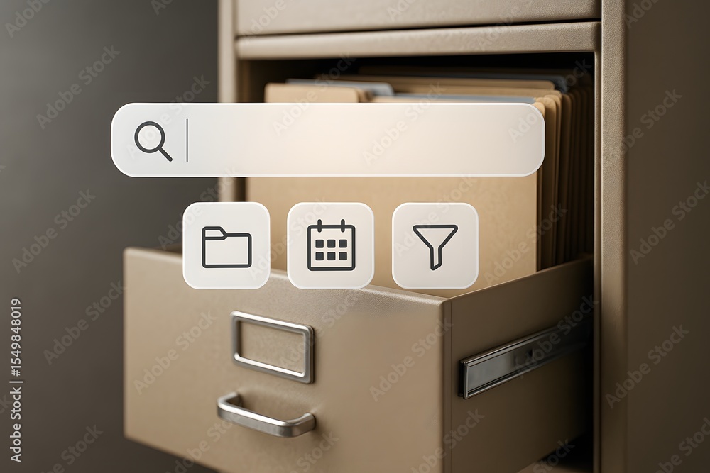 Poster a filing cabinet drawer opens with floating digital search, folder, and filter icons. concept of doc