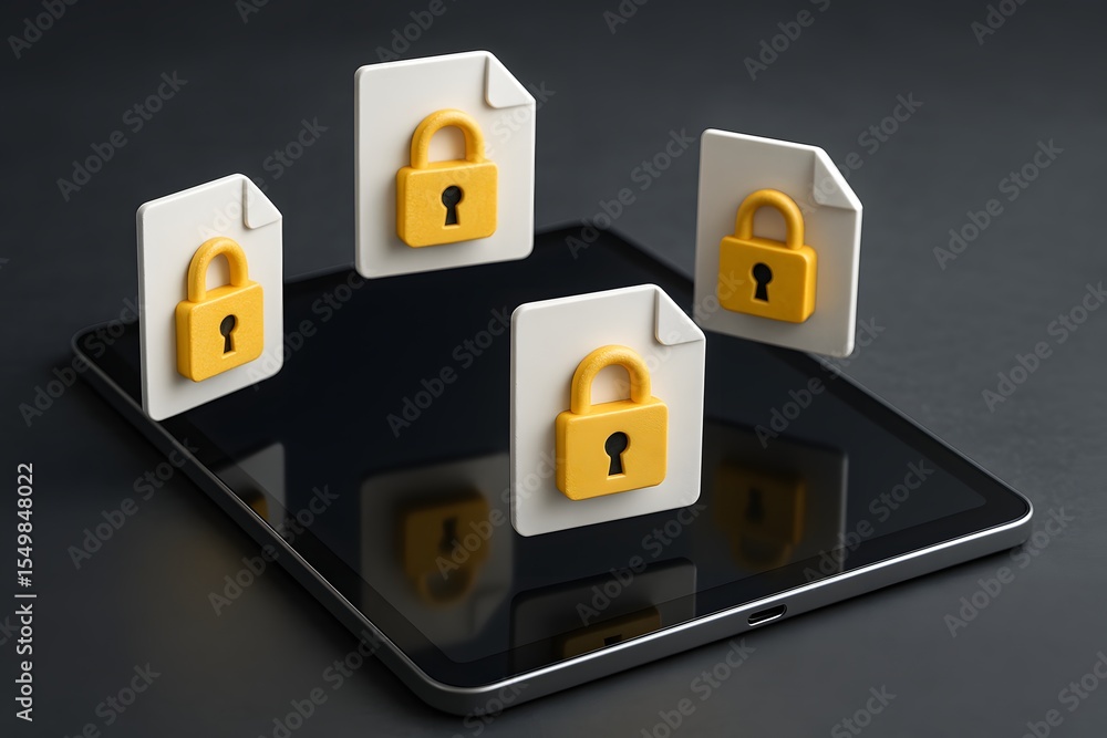 Poster yellow padlocks hover above a tablet, symbolizing secure data files and privacy. concept of digital 
