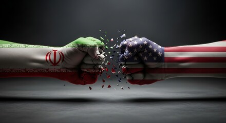 Iran and USA political conflict concept showing two fists with national flags clashing and breaking apart. A symbol of geopolitical tension, diplomatic crisis, and international struggle.