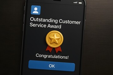 A mobile phone displays an outstanding customer service award notification with a gold medal. Concept of recognition and employee achievement.