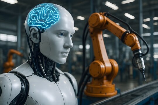 An advanced robot with a glowing brain diagram stands near an industrial robotic arm. Concept of artificial intelligence and smart manufacturing.
