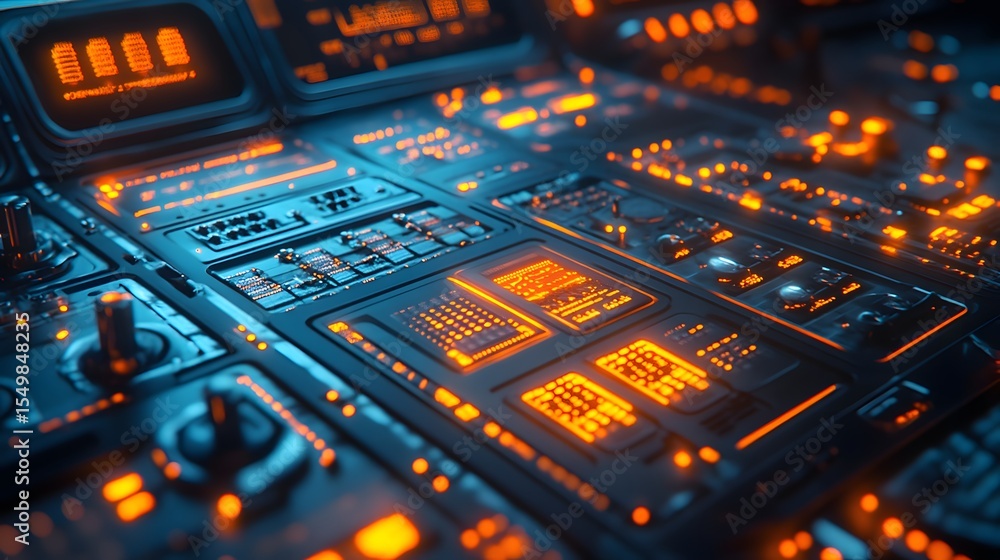 Poster close-up of a futuristic control panel with glowing orange and blue lights. sci-fi interface design.