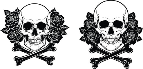 Two Skull and Crossbones Illustrations with Roses, Death Symbol Art