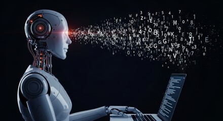 Robot interacting with a laptop, depicting machine learning, data analysis, automation, and the future of coding.