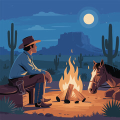 Cowboy Sitting by Campfire Under Starry Night – Flat Desert Landscape Vector

