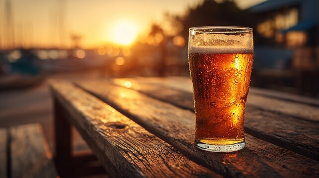 Chilled amber beer on sunlit wooden table with marina background during a serene golden hour evening