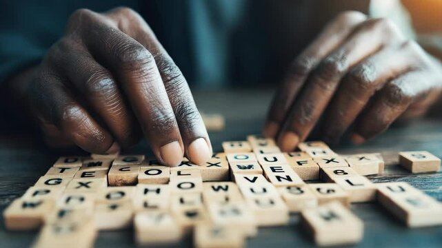 Person playing a  of scrabble