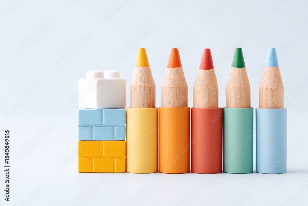 Poster minimalistic photo capturing preschool setting with educational tools like blocks or crayons neatly 