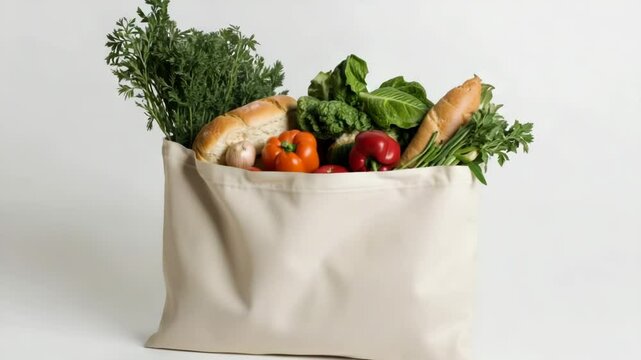 Fresh groceries ecobag unpacking: vegetables and baguettes in sustainable tote