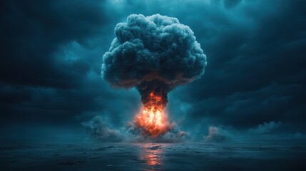A dramatic visualization of a massive explosion with a fiery mushroom cloud against dark and stormy skies, evoking feelings of chaos, power, and destruction in stark contrast.