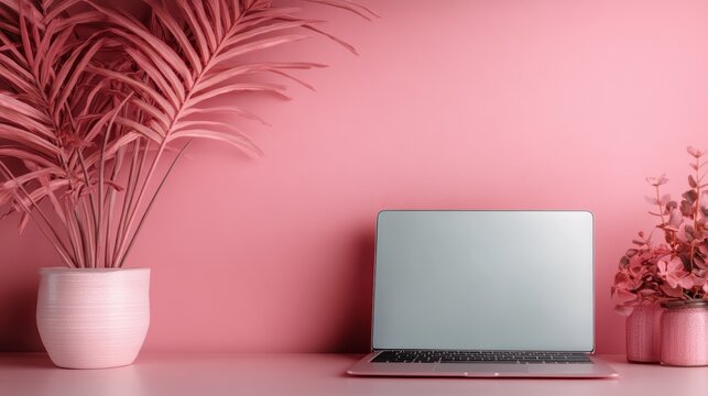This modern workspace features a pink aesthetic with a laptop, decorative plants, and a vibrant wall, ideal for inspiring creativity and productivity. - Powered by Adobe