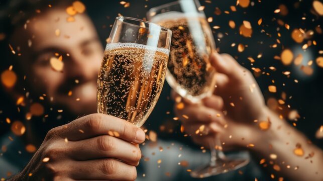 A close-up of two elegant champagne glasses clinking together against a backdrop of vibrant bokeh lights, symbolizing celebration and success in a festive atmosphere. - Powered by Adobe