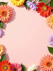 Obraz premium Colorful flower border with dahlia and chrysanthemum blossoms on soft pink background, arranged for advertisement layout with central copy space, ideal for beauty, wedding, or spring product branding