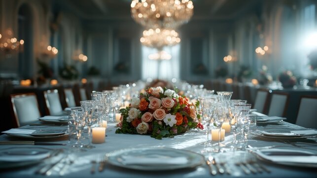 A beautifully arranged dining table features a vibrant floral centerpiece, surrounded by sparkling glassware and warm candlelight, setting the ambiance for an elegant event.