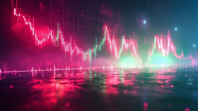 Dynamic financial graphs over reflective surface depicting market volatility and data trends