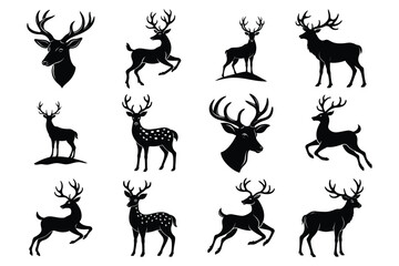 Fototapeta premium Set of majestic leaping deer silhouette vector illustration on white background.