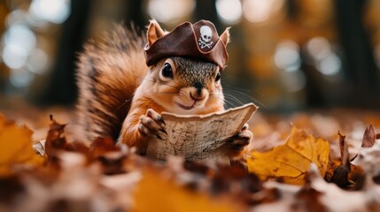 Obraz premium A whimsical image of a squirrel dressed as a pirate holding a treasure map, surrounded by colorful autumn leaves, capturing a playful and adventurous spirit in nature.