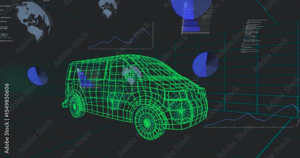 Poster on program launch neon green wireframe van flying across grid while charts and code showing metrics