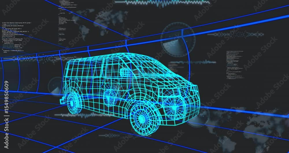 Poster after pause, world map appearing and waveforms and code streams moving around van visualizing data