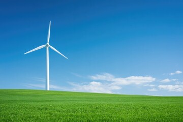 Obraz premium serene landscape showcasing single wind turbine under clear blue sky surrounded by green fields