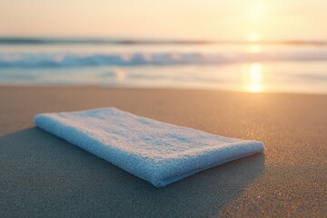 single beach towel lies flat on golden sand under soft glow of morning light casting gentle shadow