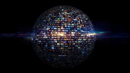 Obraz premium A glowing sphere composed of numerous screens against a black background.