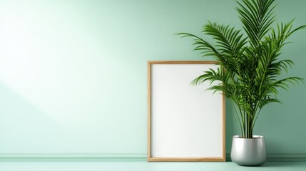 Fototapeta premium An elegant and minimalistic home decor setup featuring a potted plant next to a wooden picture frame, creating a serene atmosphere perfect for modern living spaces.