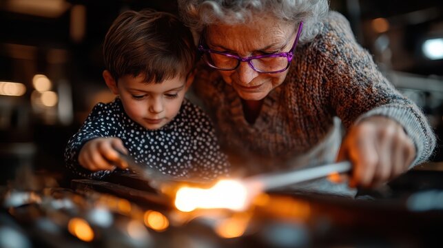 An adorable scene of a grandmother and her grandchild engaging in a cooking activity, showcasing a special bond and the joy of sharing culinary experiences together.